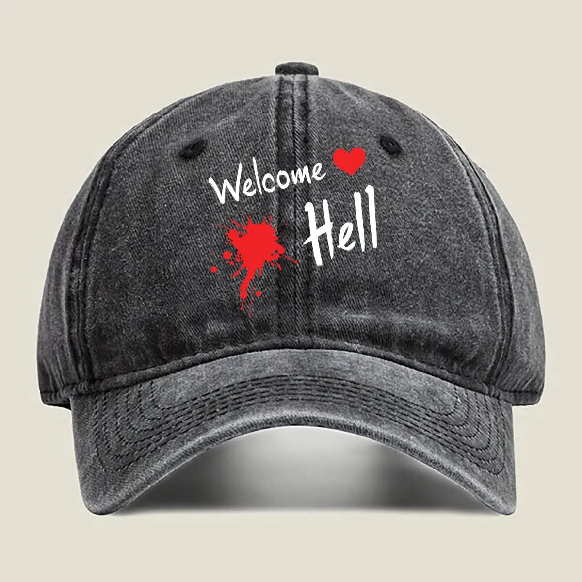 

Welcome Hell - Bold, Text, Edgy, Minimalist, Humor - Themed Washed Baseball Cap