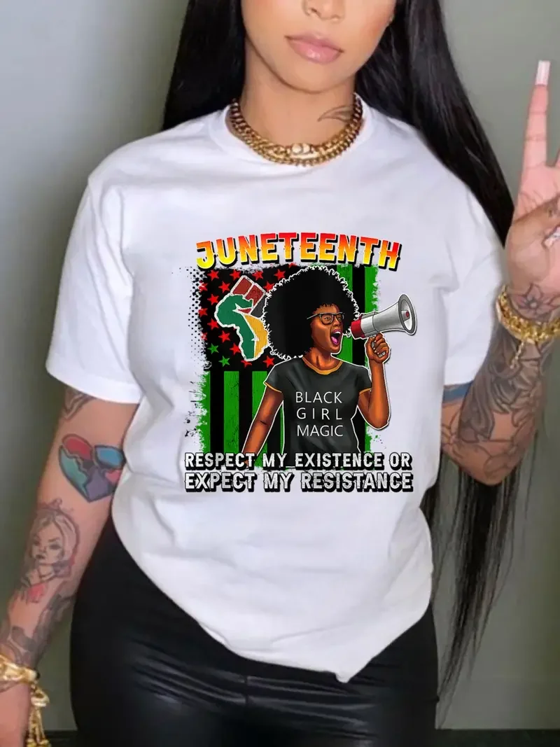 

Plus Size Juneteenth Queen Print T-Shirt, Short Sleeve Crew Neck Casual Top For Spring & Summer, Women's Clothing