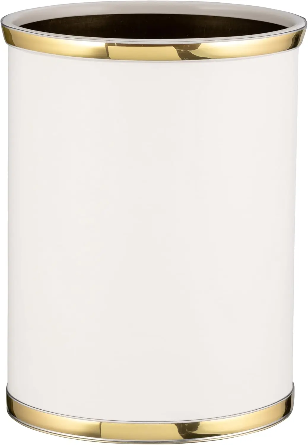 

14" Oval Waste Basket, White with Brass, Metal Construction, Bumpers, USA