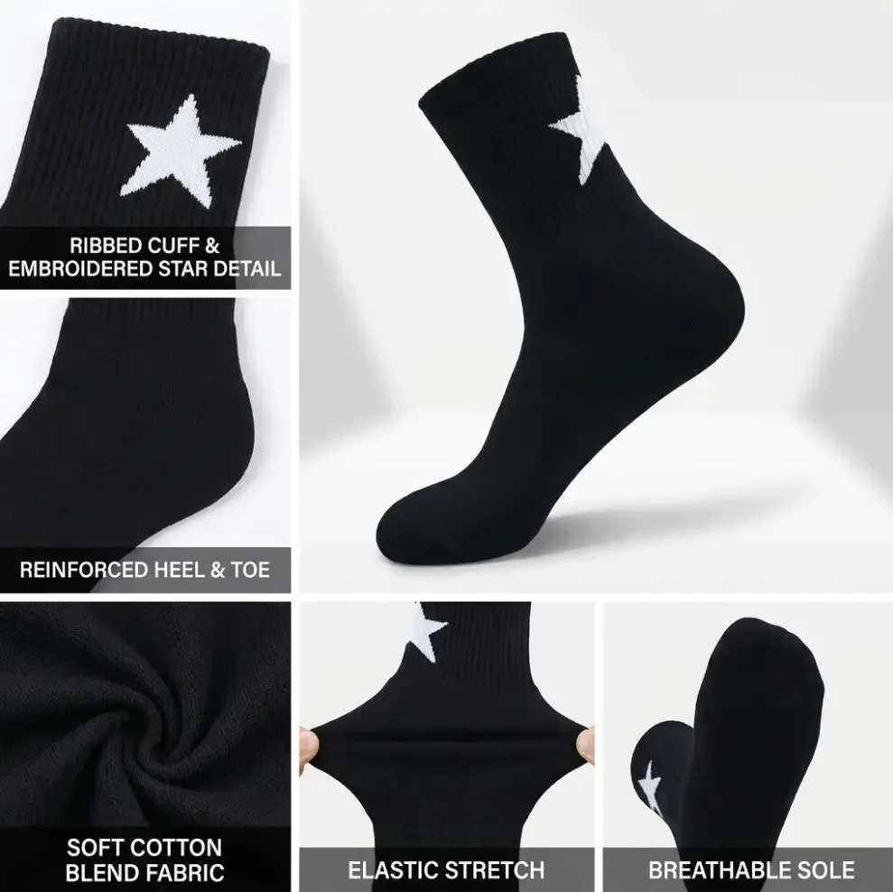Four season versatile five pointed star printed mid tube socks for men and women, non slip and non falling
