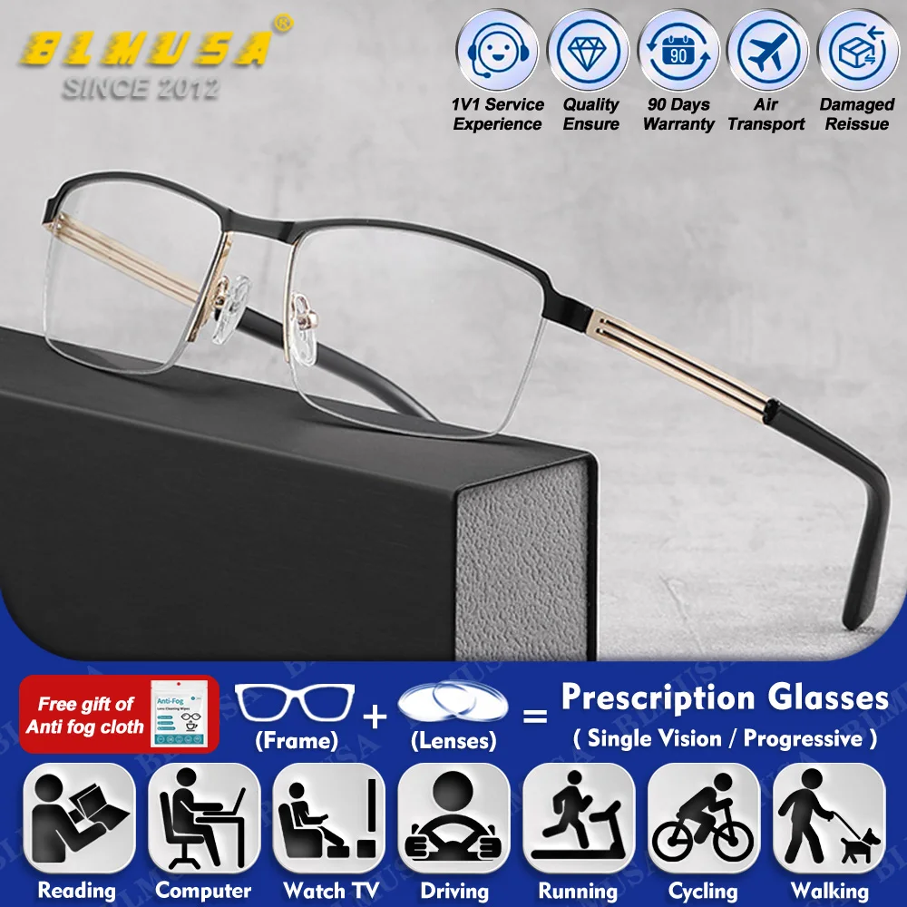 

BLMUSA (L) Currents Rectangle For Men Myopia Prescription Glasses Half-Frame Anti Blue Ray Progressive Prescription Eyeglasses