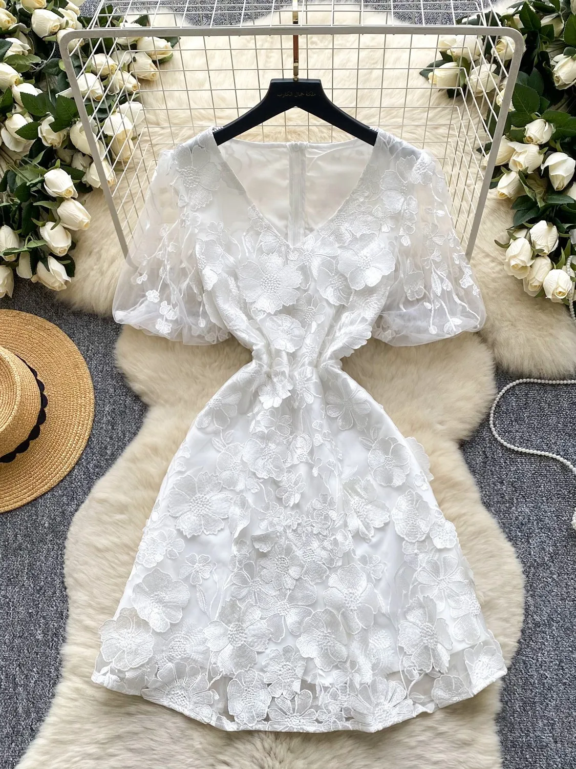 

Ele V-Ne Puffy Sve Waist-Cinched Embroidered Dr Women Slimming A-Line Skirt High Waist ort Sve Mid-Length