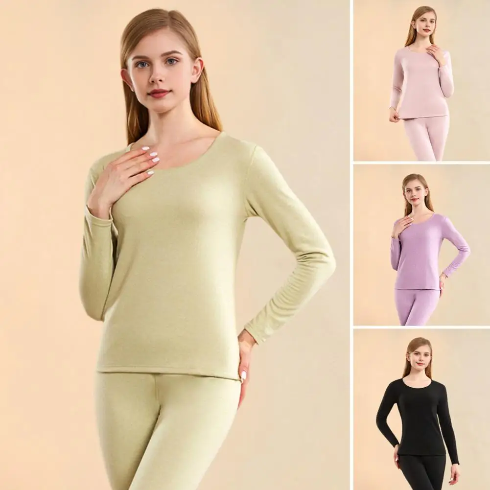 

Solid Color Thermal Wear Women's Winter Thermal Underwear Set Cozy Round Neck Long Sleeve Pajamas Slim Fit Sports for Weather