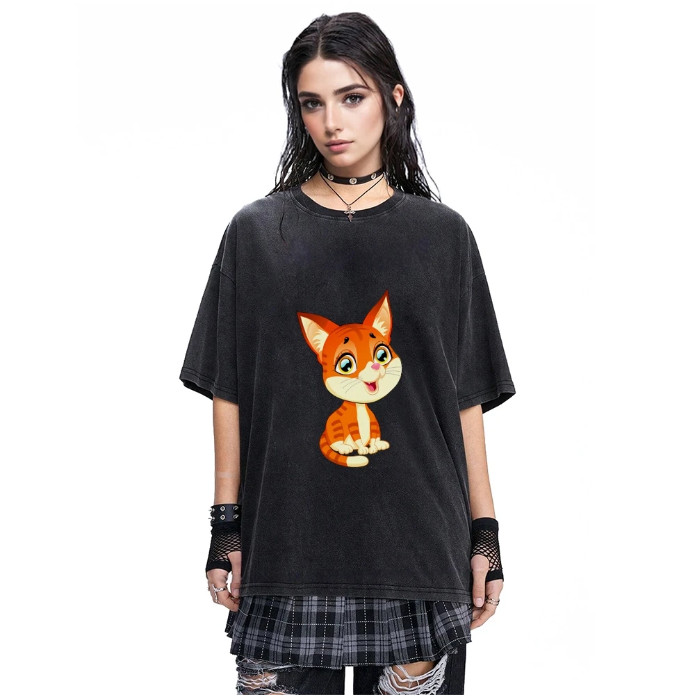

Розовая стираная футболка унисекс, очаровательный оранжевый кот с графическим принтом, ретро-дизайн Kawaii, повседневная футболка с коротким рукавом