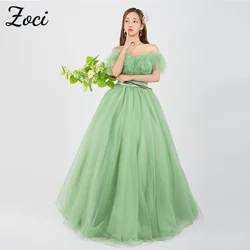 Zoci Elegant Green Korea Wedding Dresses Off Shoulder Ruffles Customized Photos Shoot Dress Belt A Line Bride Reception Dress