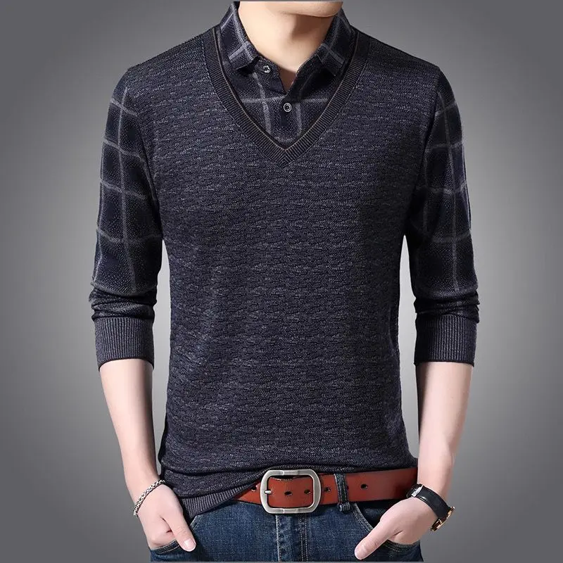 Fashion Vintage Men Knitted Striped Polo Shirts Spring Autumn Male Clothes Business Casual Loose Long Sleeve Basic Versatile Top