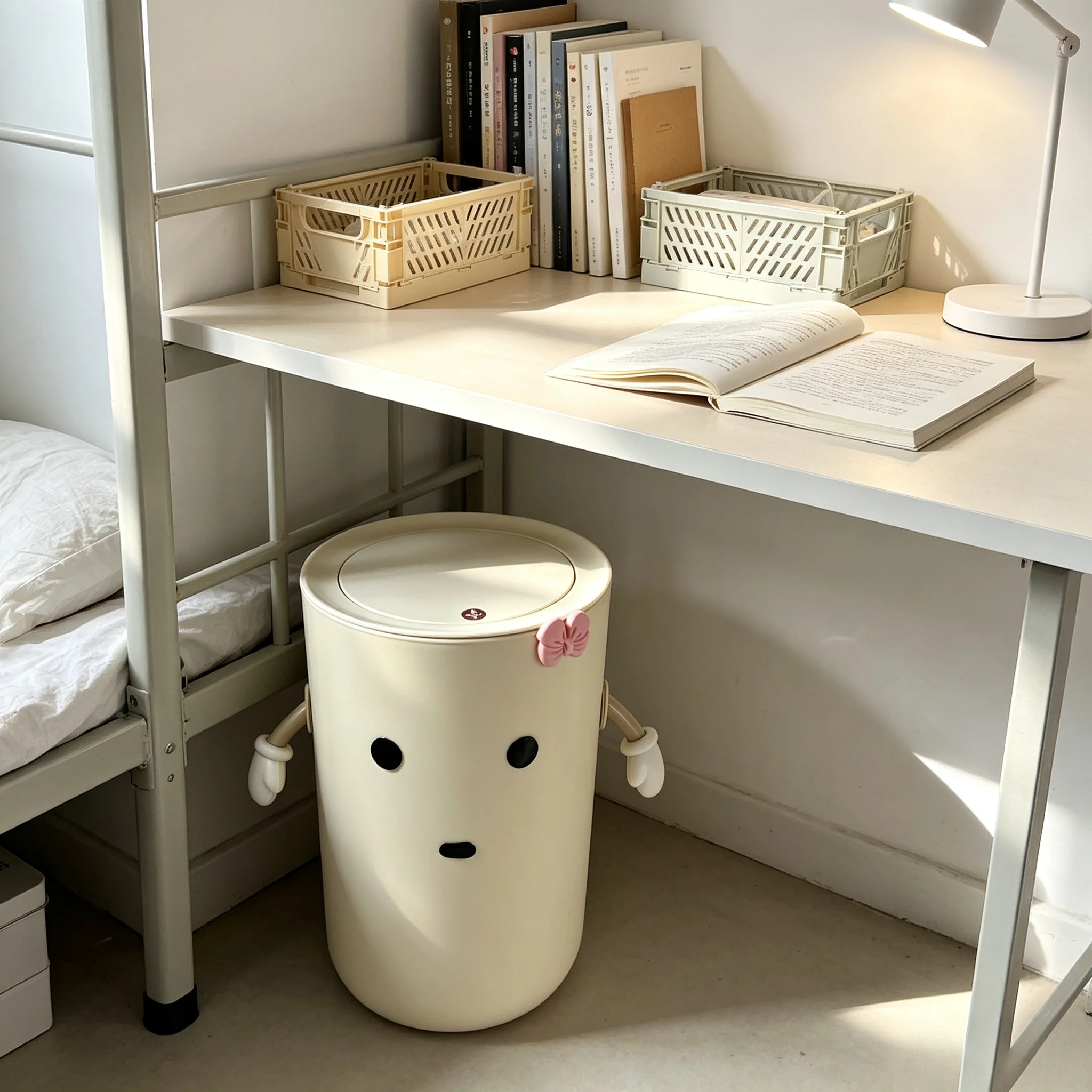Cute Kawaii Cartoon Press‑Top Trash Can with Lid, Cream White Plastic Garbage Bin with Movable Arms & Pink Bow‑Knot, Aesthetic Round Waste Bucket for Bedroom, Dorm, Living Room, Kids Room, Home‑Office