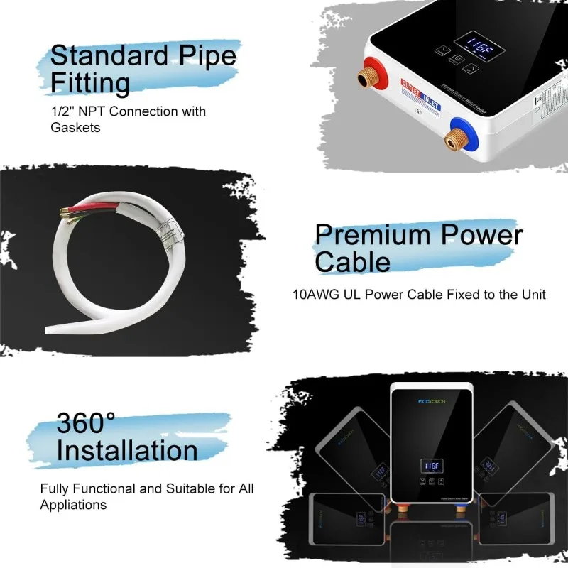 Scaldabagno elettrico senza serbatoio 240V, scaldabagno istantaneo a richiesta Display digitale 5,5kw, protezione contro il surriscaldamento, nero