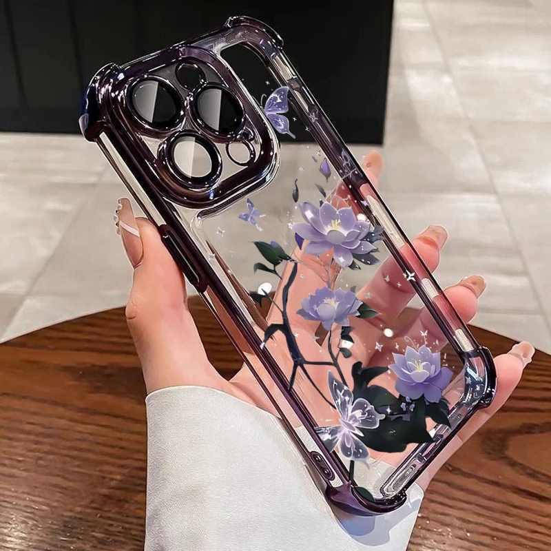 Coque de téléphone transparente Anti-chute, Airbag galvanisé à fleurs mignonnes, pour iPhone 17 Air 16 15 14 13 12 11 Pro Max Plus, 17Pro MAX