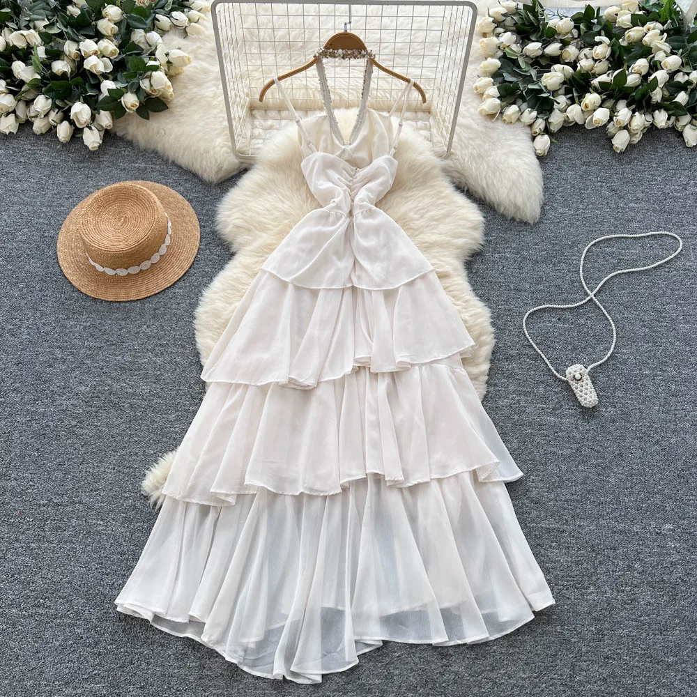 Chique vintage sem mangas em camadas sólido fino elegante fada coreano moda boho vestido de verão roupas femininas