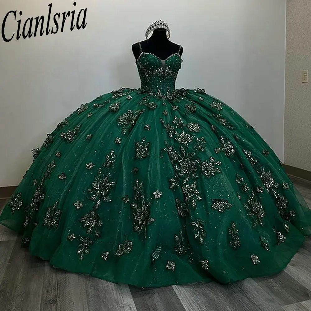 

Изумрудно-зеленые бисерные платья Quinceanera с кристаллами, бальное платье на тонких бретельках, аппликации, кружевной корсет по индивидуальному заказу, Vestidos De XV Anos