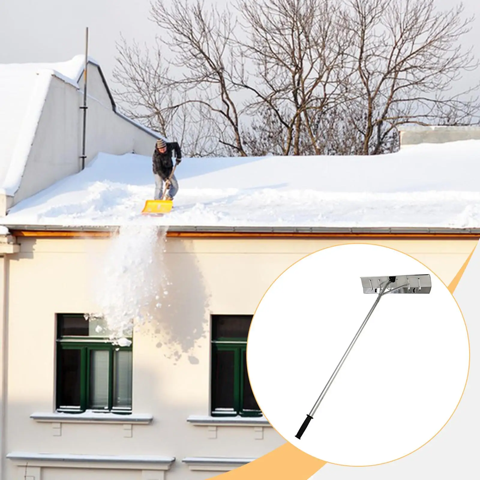 Telescopic Snow Roof Rake Detachable Aluminum Alloy Rake Head with Rolling Wheels for Rooftop and Yard Cleaning