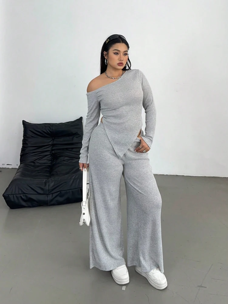 Plus Size Sexy Slash Shoulder Long Sleeve Casual Pants Two Piece Set Commuter Style Leisure Solid Colour Home