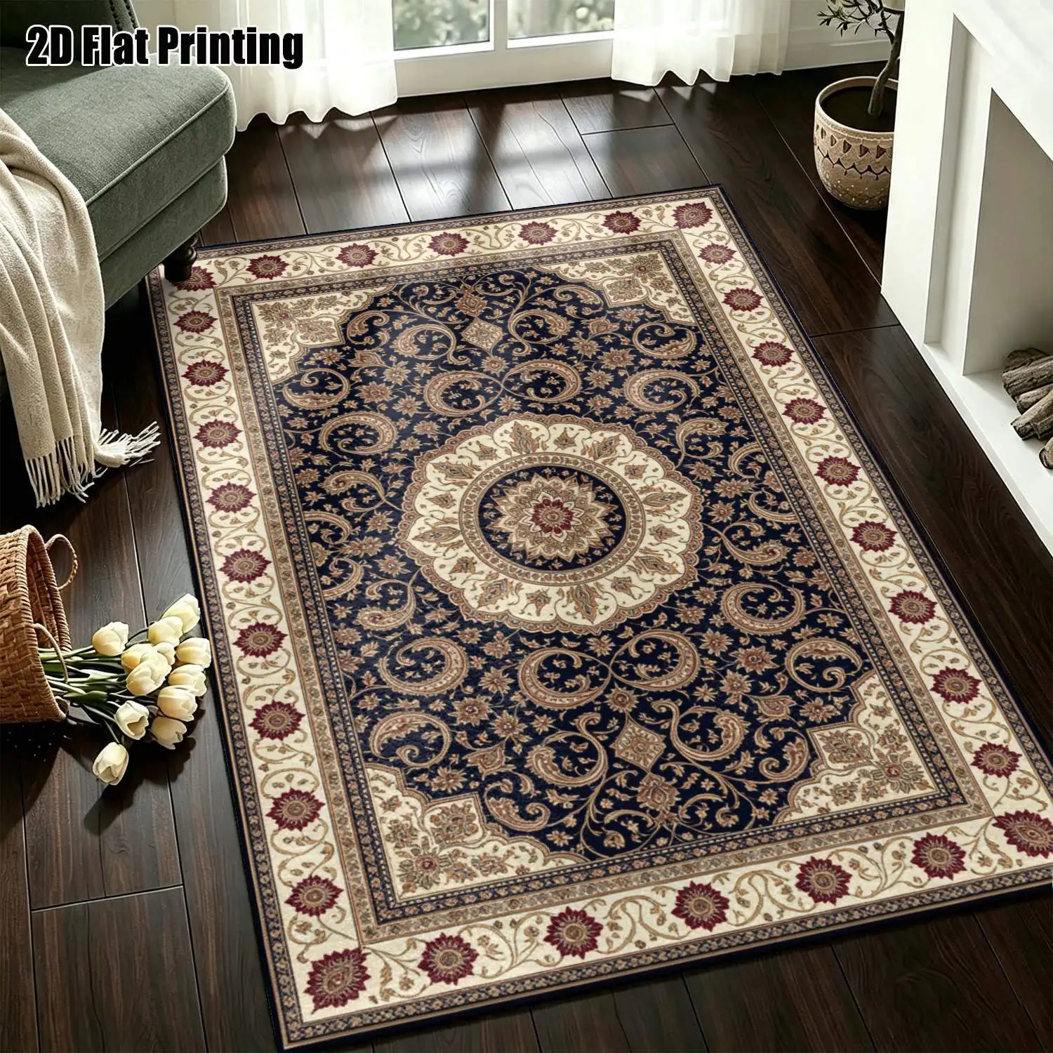 1Pc 2D Printed Carpet: Dark Blue & Off-White Retro Floral, European/Bohemian Geometric Floral Floor Mat Home Decor, Multi-Size, Machine Washable, for Entrance, Dining, Foyer, Bedroom, Living Room.