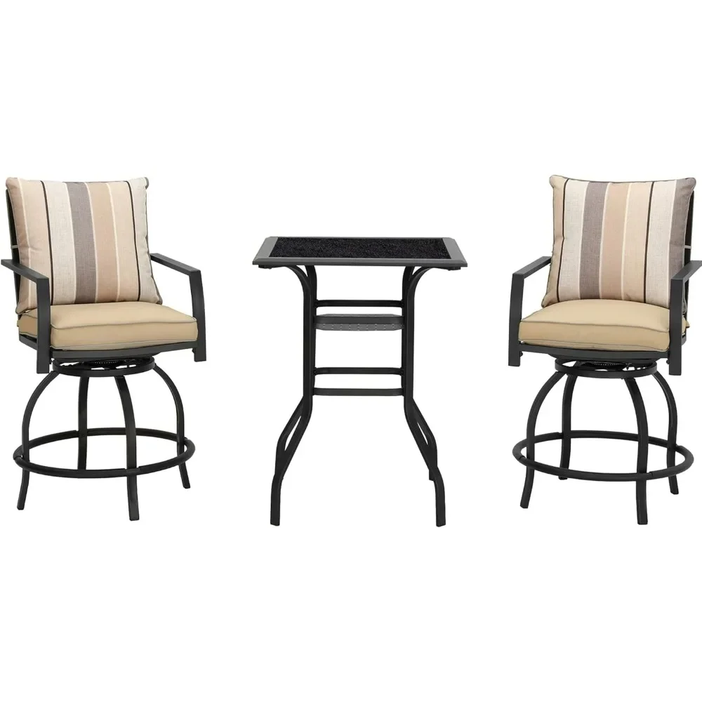 Patio Bar Height 2 Outdoor Swivel Chairs and 1 High Glass Top Table, 3 Piece Bistro Set, Beige