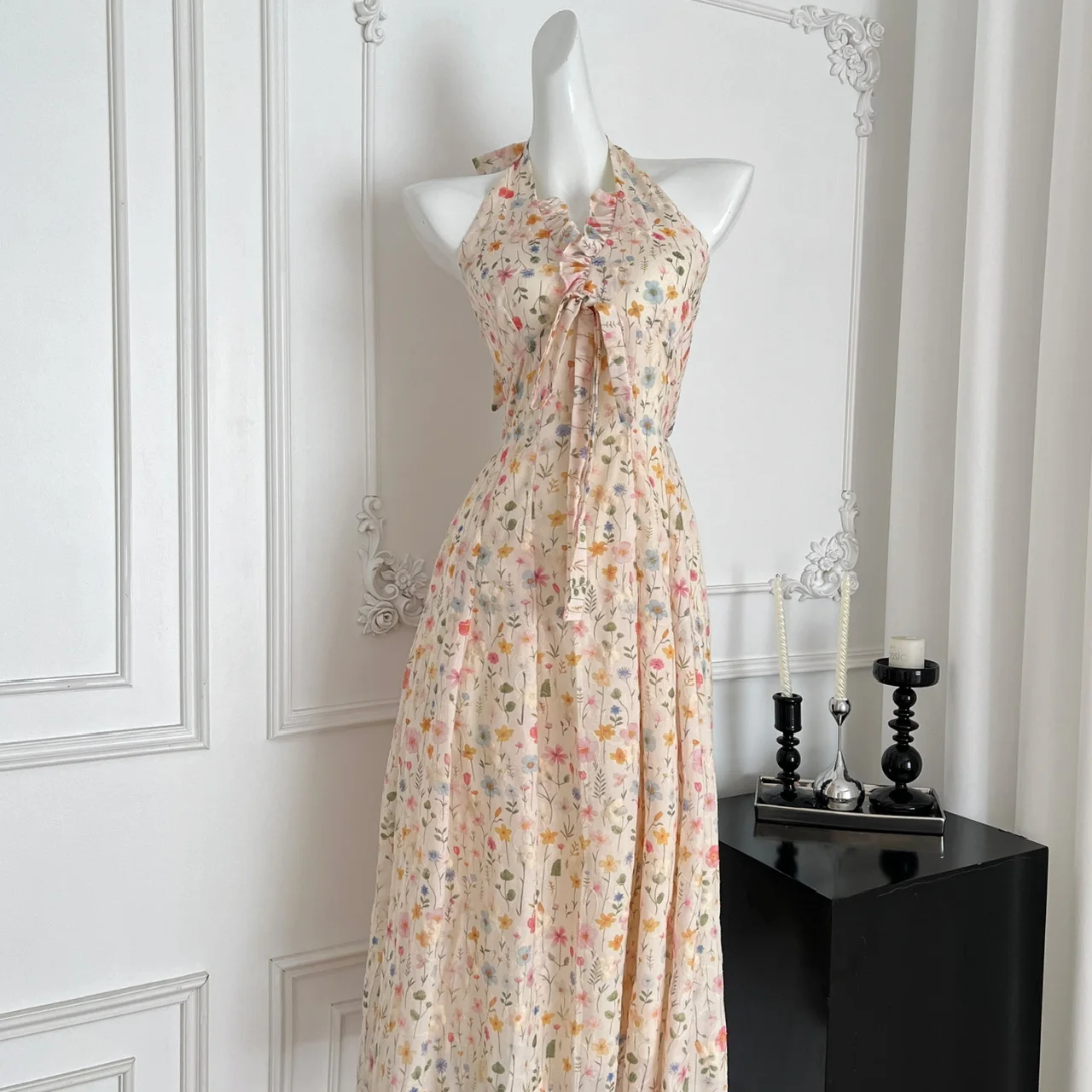 

French chic sleeveless backless print fairycore dress women's summer waist A-line Beach dresses women clothing