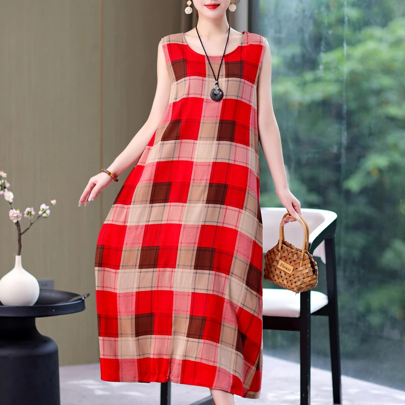 New Casual Vintage Summer Dress Vestido Print Natural Regular Sleeveless O-neck Cotton Dresses Women Clothing Plus Size