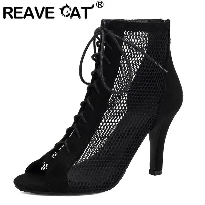 

REAVE CAT Black Women Sandals Peep Toe 8.5cm Stiletto Heel Zipper Lace Up Flock Suede Breathable Mesh Big Size 42 43 Sexy Shoes