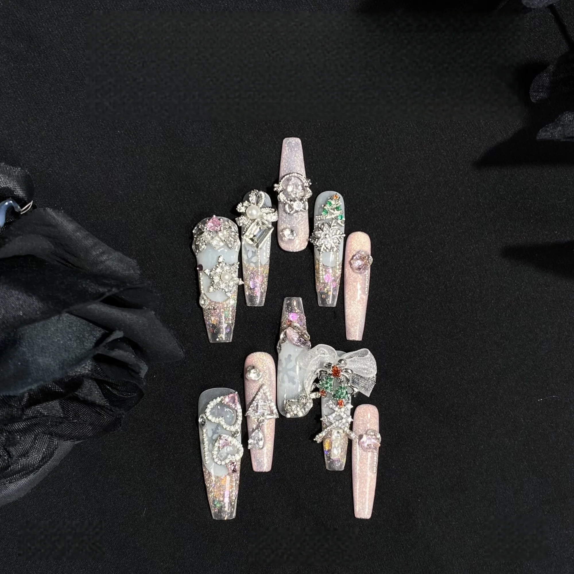 

2026 Nail Powder Snowflake Winter Whitening Bow Cat's Eye New Year Press On Nails Handmade Fine Glitter Gradient Fake Nails