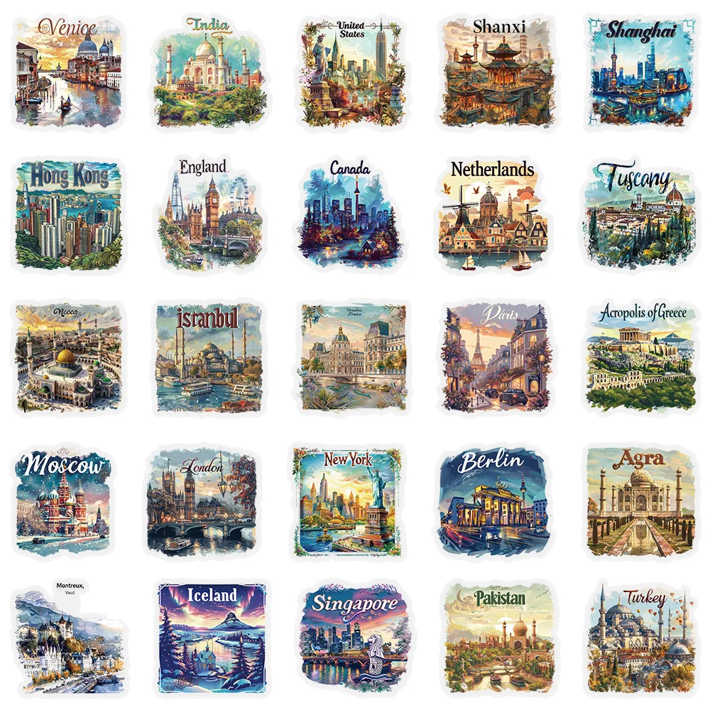 10/50 stuks Cool Global Travel City Landscape Stickers Decals DIY Telefoon Laptop Gitaar Briefpapier Skateboard Speelgoed Waterdichte Sticker