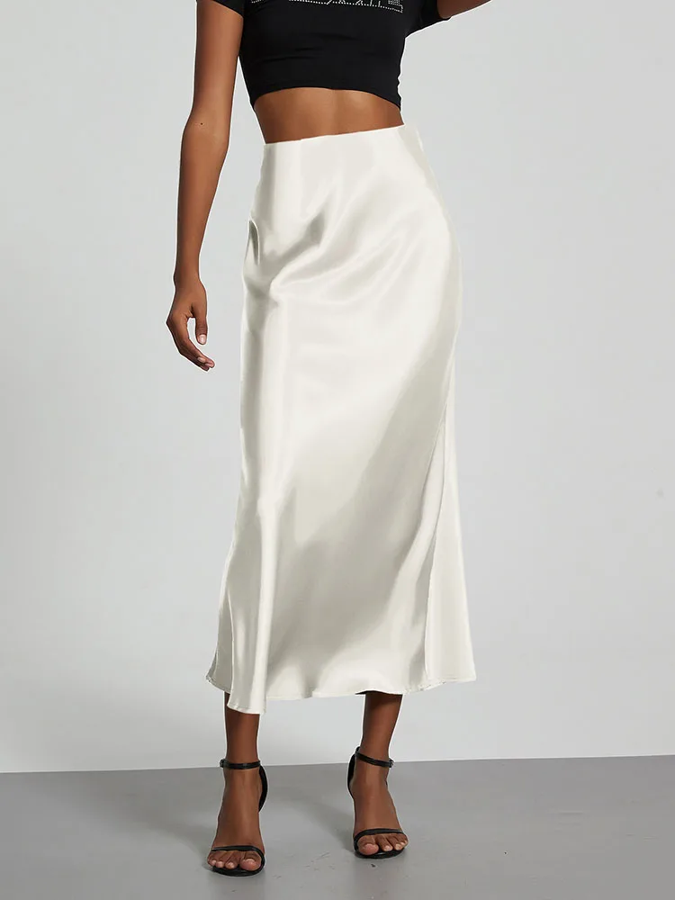 Women's Fashion Satin Long Skirt High Waist Solid Color Casual Basic Fishtail Skirt Chic Summer Party Clothing 2025