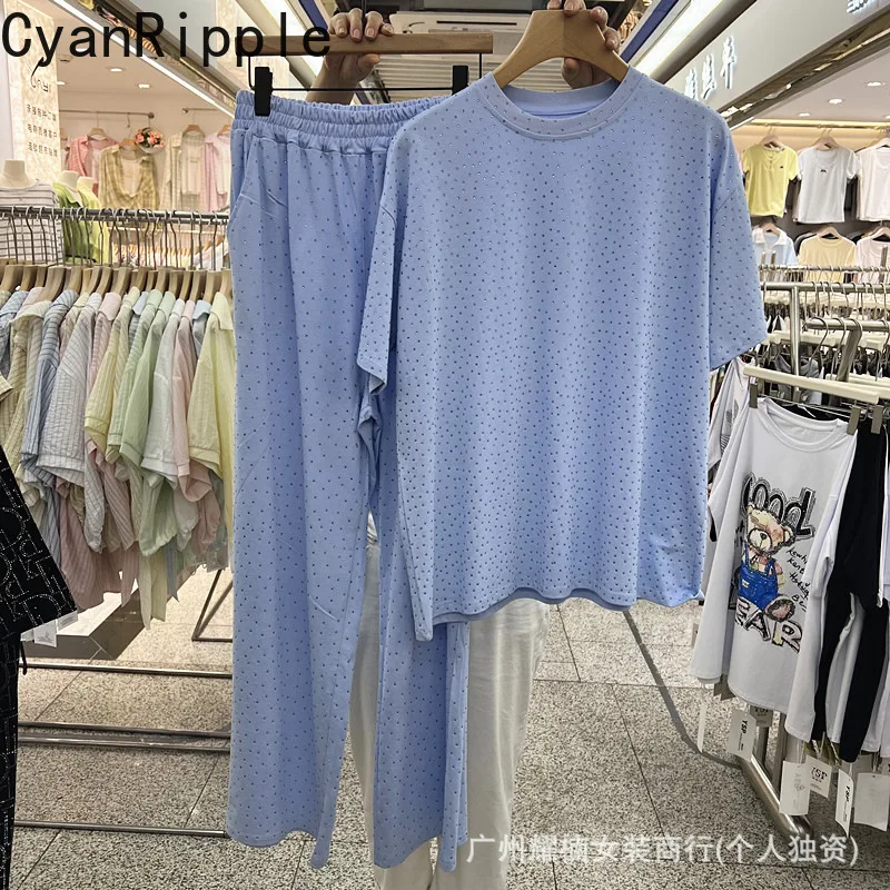 

American Retro Summer Women Two-piece Set Full Diamonds Loose Short Sleeve T-shirt Top + Elastic Waist Wide Leg Casual Trousers