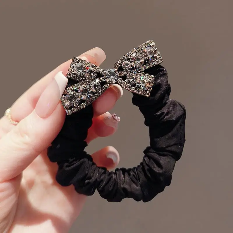 Fashion Crystal Rhinestone Bow Black Elastic Rubber Ponytail Hair Bands Hair Rope Hair Accessories for Women Girls