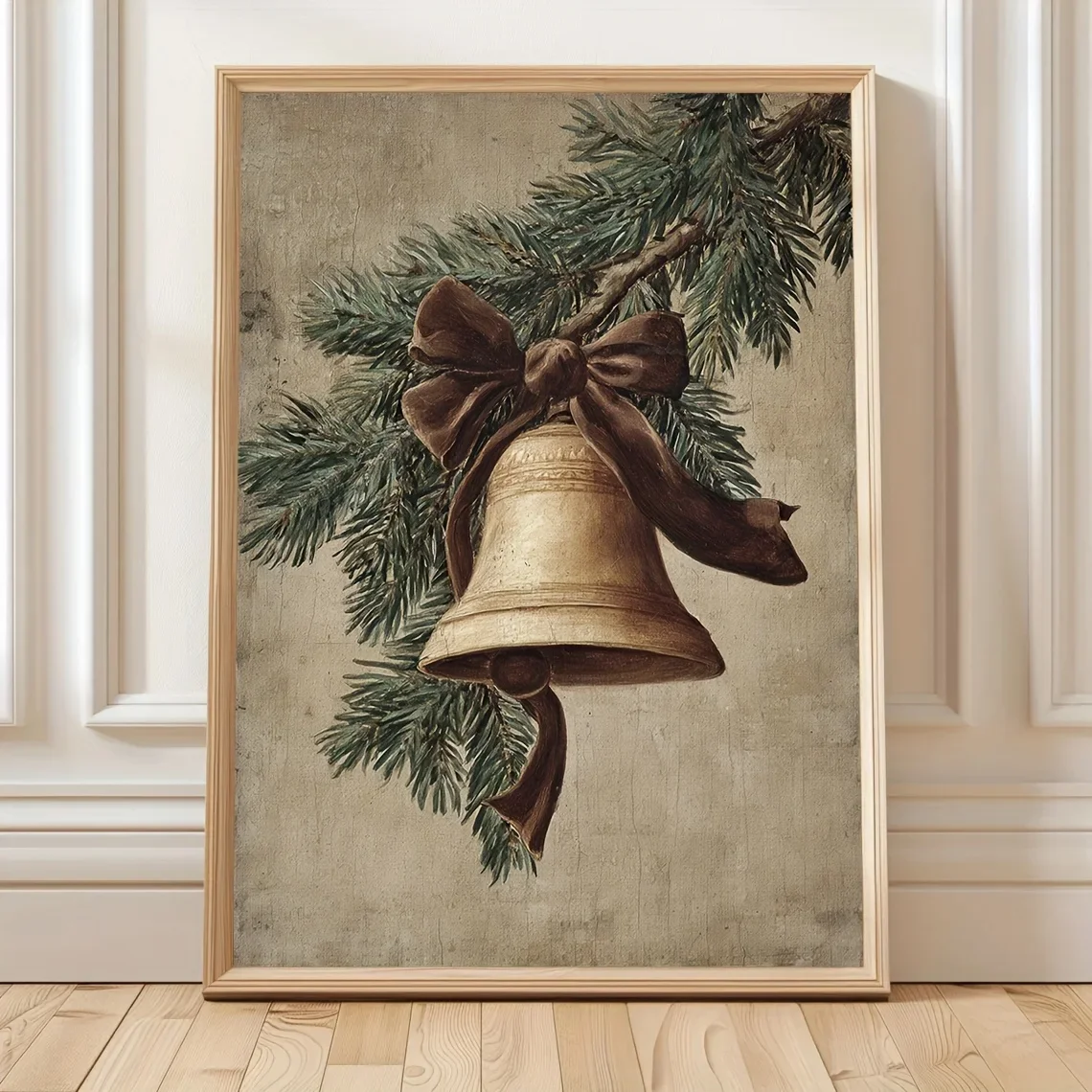 2D Flat, 2D Flat, 2D Flat 1pc Vintage Christmas Jingle Bells Wall Art Print - Neutral Winter Botanical Painting with Vintage