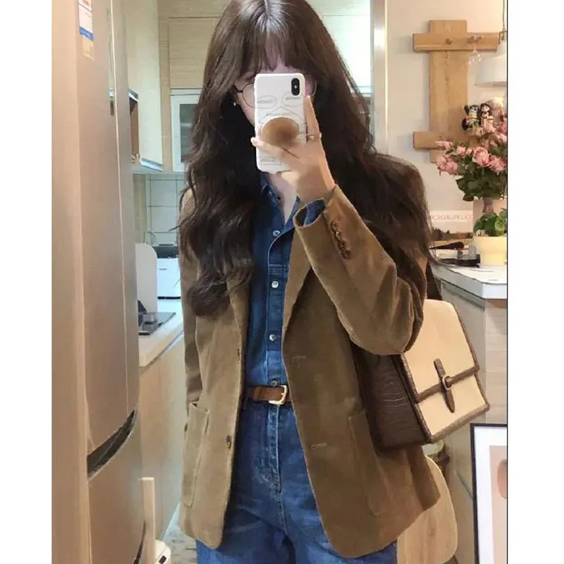 Advanced sense Women Blazer Jacket Spring Autumn Female Solid Color Corduroy Coat Ladies Single Row Buckle Long Sleeved Outcoat