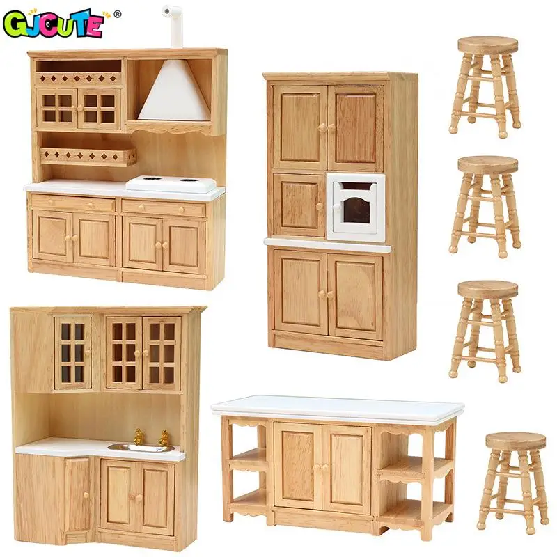 

1Set 1:12 Dollhouse Miniature Kitchen Furniture Sink Cabinet Stove Cabinet Cupboard Cooking Table Stool Model Decor Toy