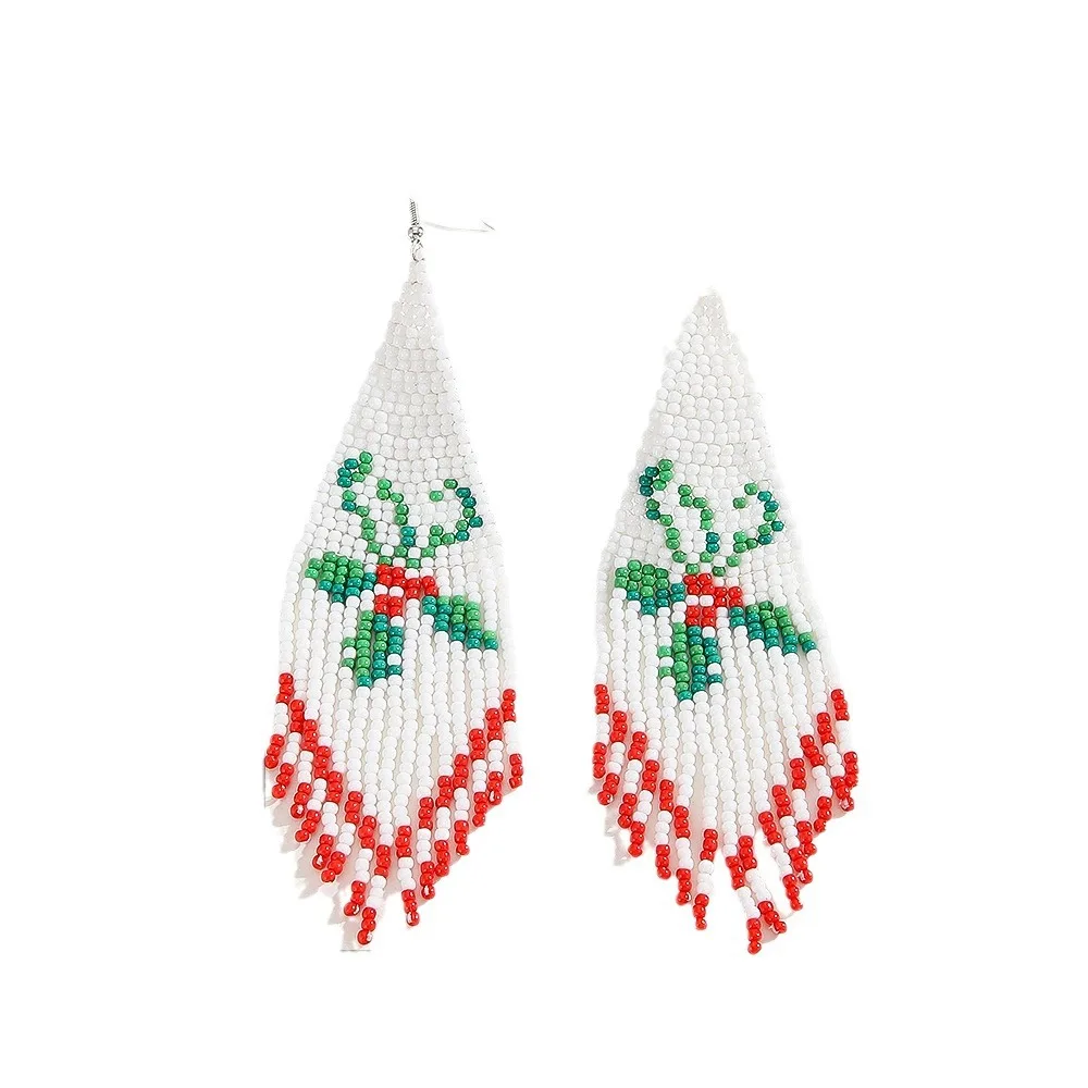 

Bohemia Hand Knitted Beaded Earrings with Tassel Flower Design Simple Fashion Beaded Jewelry Accessory