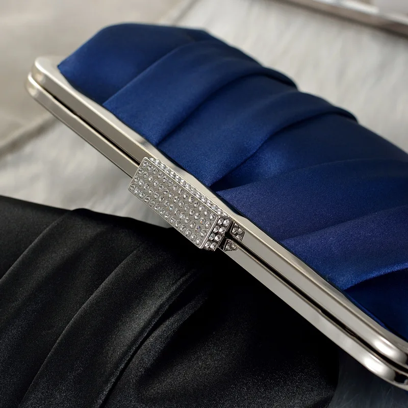 Retro Silk Evening Bag Clutches Fashion Simple Blue Black Fold Chain Shoulder Bags For Women Wedding Party Bridal Handbags Purse