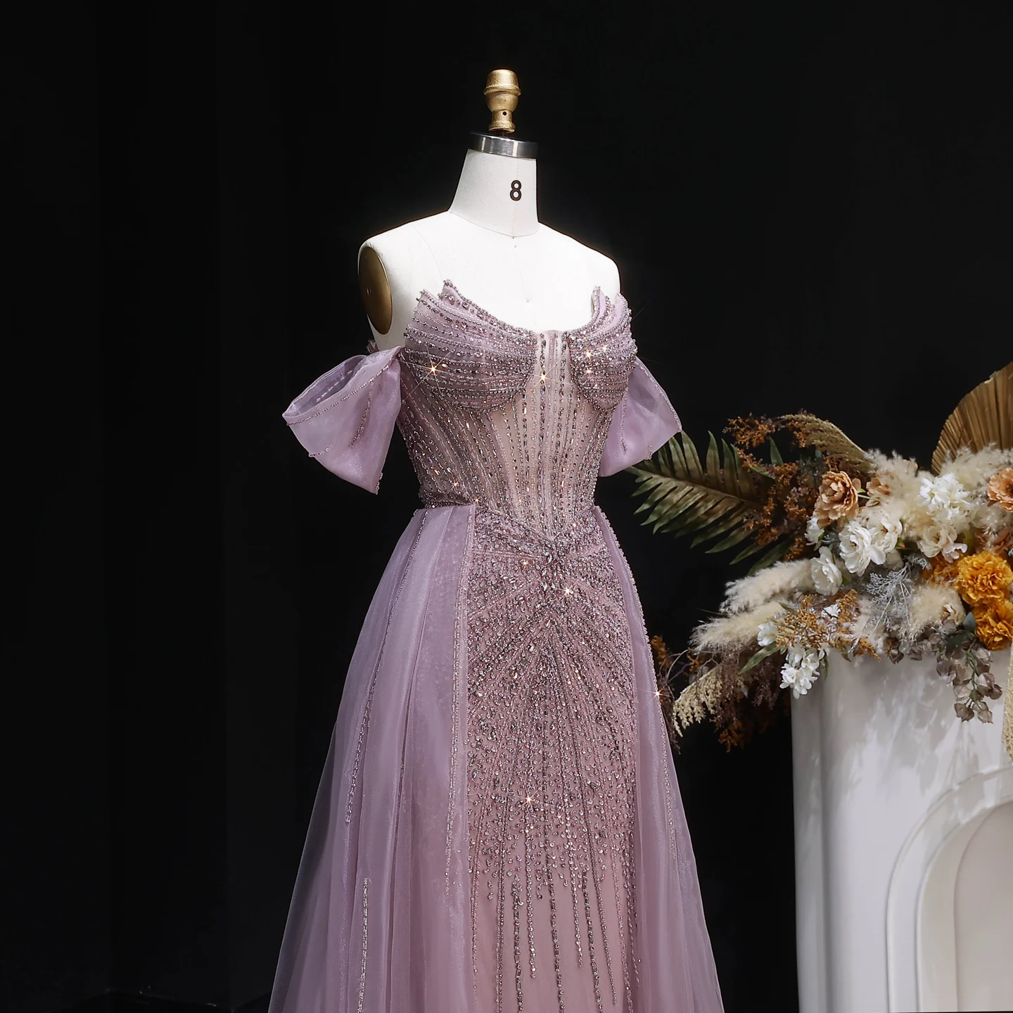 Sharon Said Elegantes Schulterfreies Abendkleid mit Überrock, Luxuriöses Perlenbesetztes Meerjungfrauenkleid für Arabische Damen, Formelle Partykleider SS120 Maßanfertigung – Detail 5