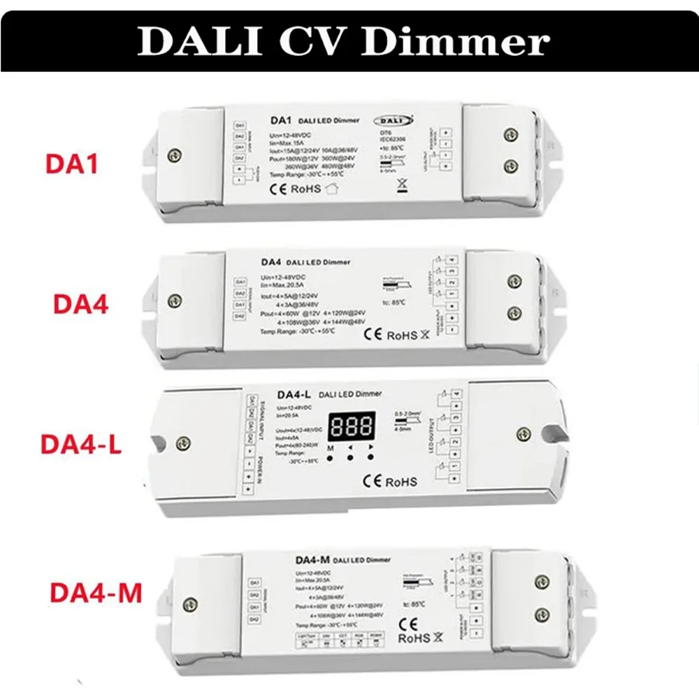 DA4-D(Din Rail) DA4 DA4-L 4CH DA1 1CH DT6 Single Color LED Strip CV DALI LED Dimmer PMW Dimming 12V-24V 5A/CH Numeric Display