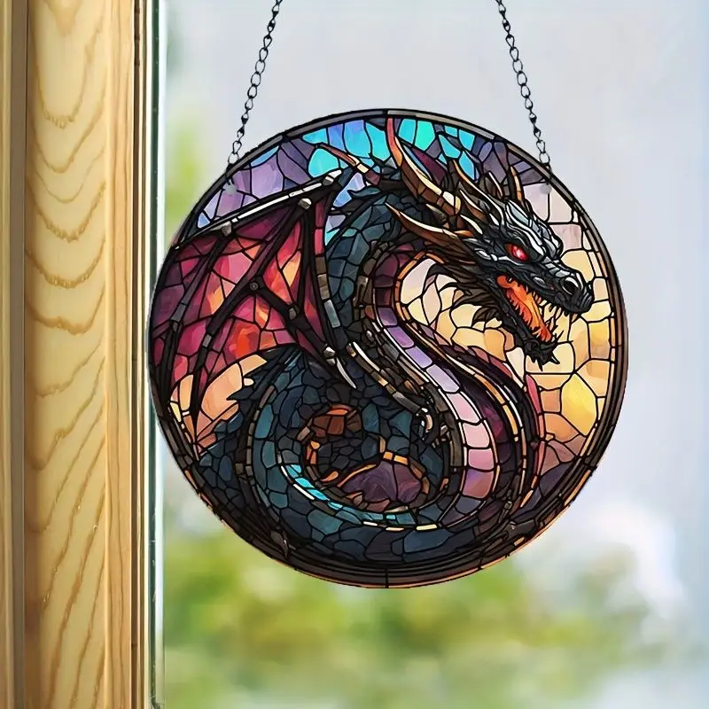 Dragon Printed Acrylic Window Suncatcher Faux Stained Glass Plate Hanging Home Wall Decor Round Hanging Pendant Doorway Ornament