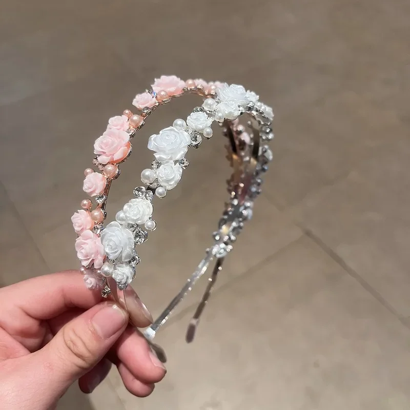 عصابة رأس من حجر الراين الكريستالي واللؤلؤ للنساء، طوق شعر وردي للفتيات، إكسسوارات عصابة رأس عصرية ومتعددة الاستخدامات