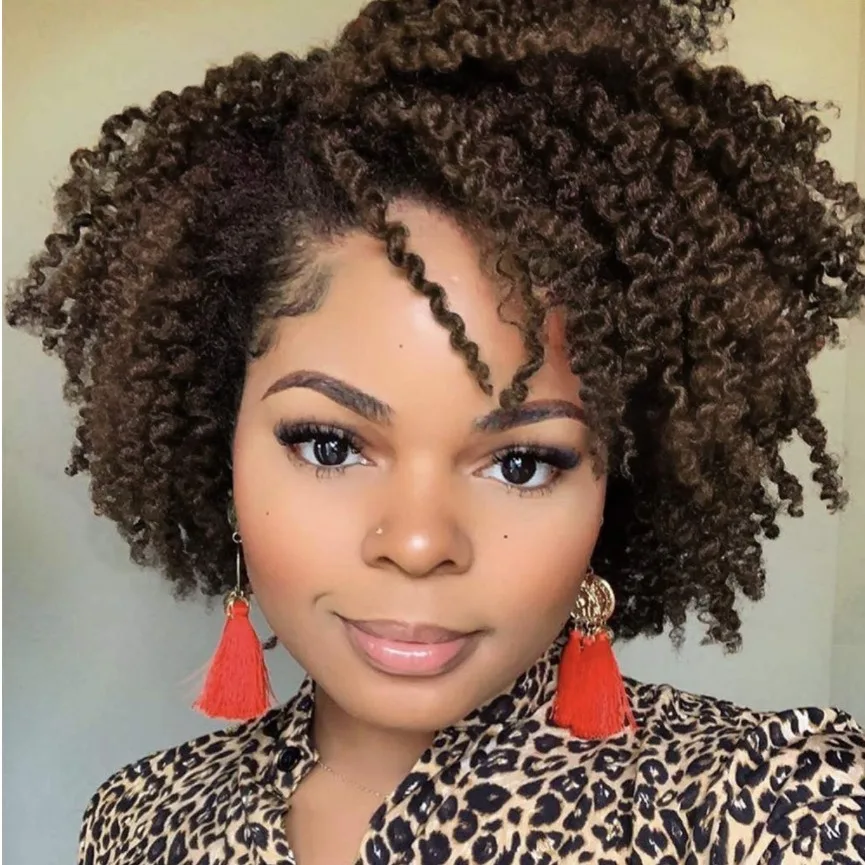 

Short Kinky Curly Wigs Ombre Brown Side Part Wig Afro Curly Wig Twist Out Wigs Heat Resistant Fiber Full for Black Women (1B 30#