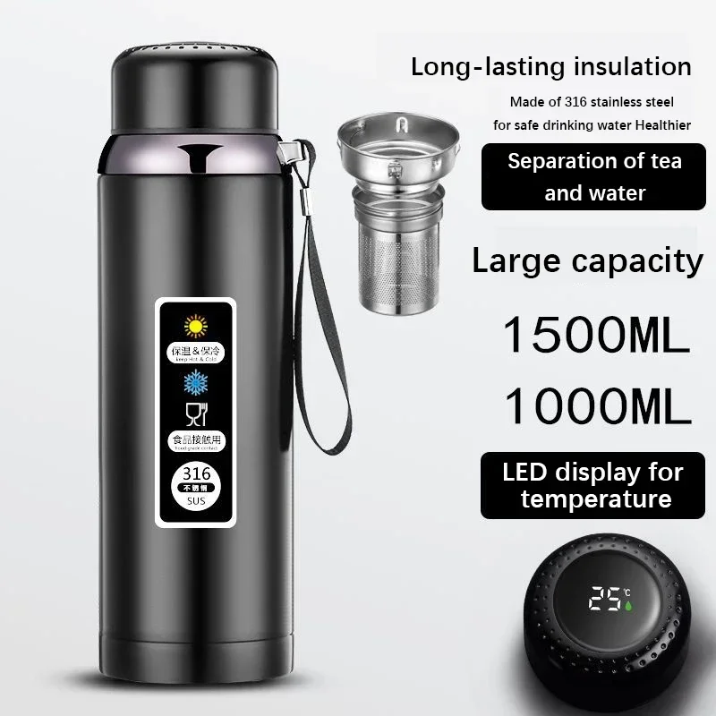 600-1500ml 316 Stainless Steel Thermos Bottle Vacuum Flask With Tea Separation Filter LED Temperature Display Leakage-proof Cup