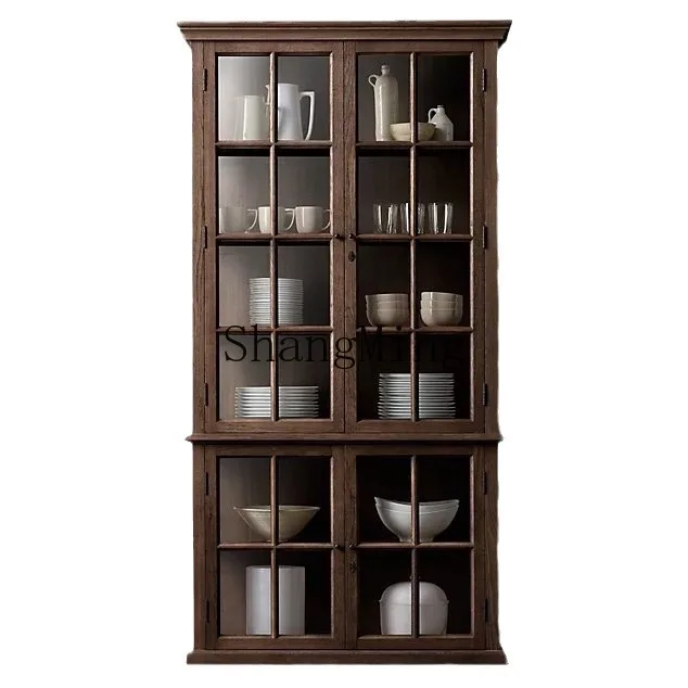 

ZYY solid wood bookcase combination retro carved oak bookshelf wine cabinet living room study display cabinet