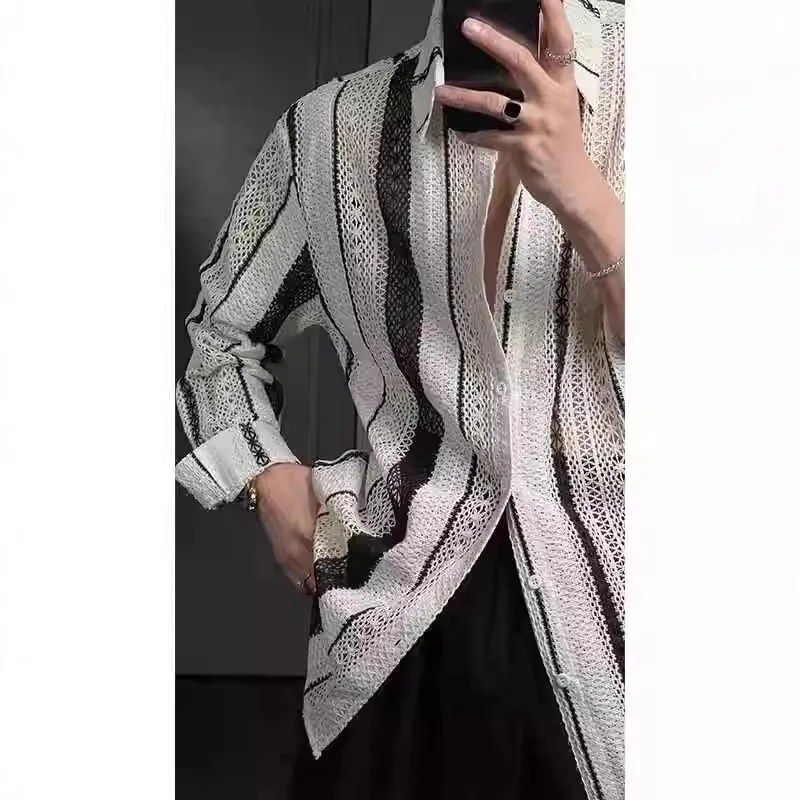 2026 Spring Summer Knit Loose Long Sleeve Shirt for Men Japan Korean Fashion Striped Hollow Out Men's Shirt Casual Streetwear