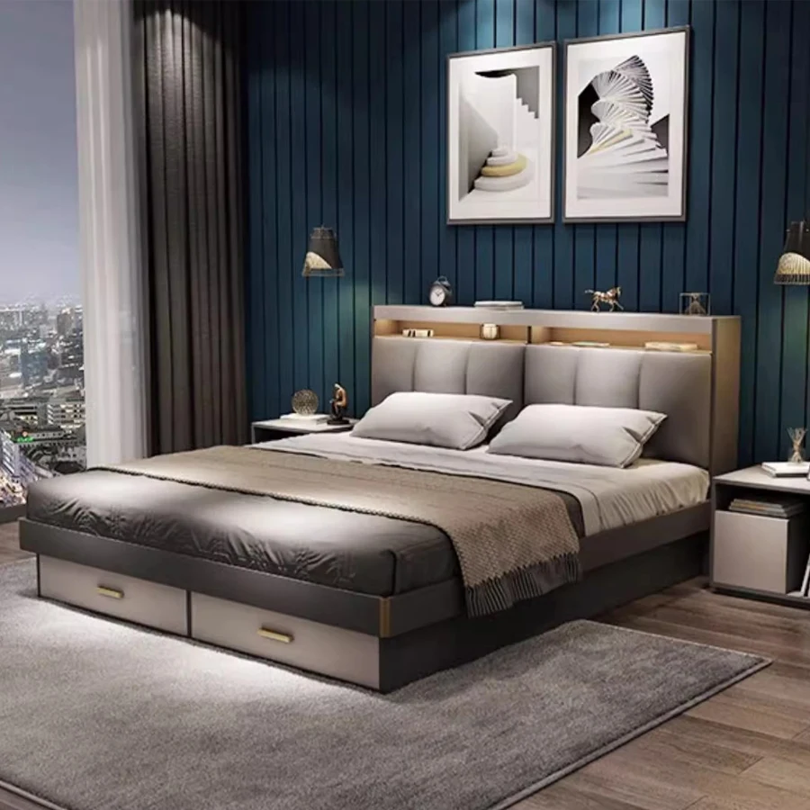 #Scandinavian Wood Bed Simple Modern Master Bedroom Light Luxury Backrest Soft Package Double Bed Large and Small Households