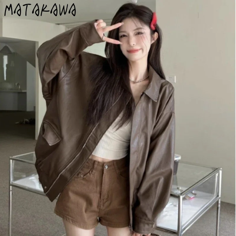 

Matakawa куртки из искусственной кожи, женская уличная одежда, винтажная однотонная весенне-осенняя Chaquetas, корейская мода, мотобайкерская свободная верхняя одежда на молнии