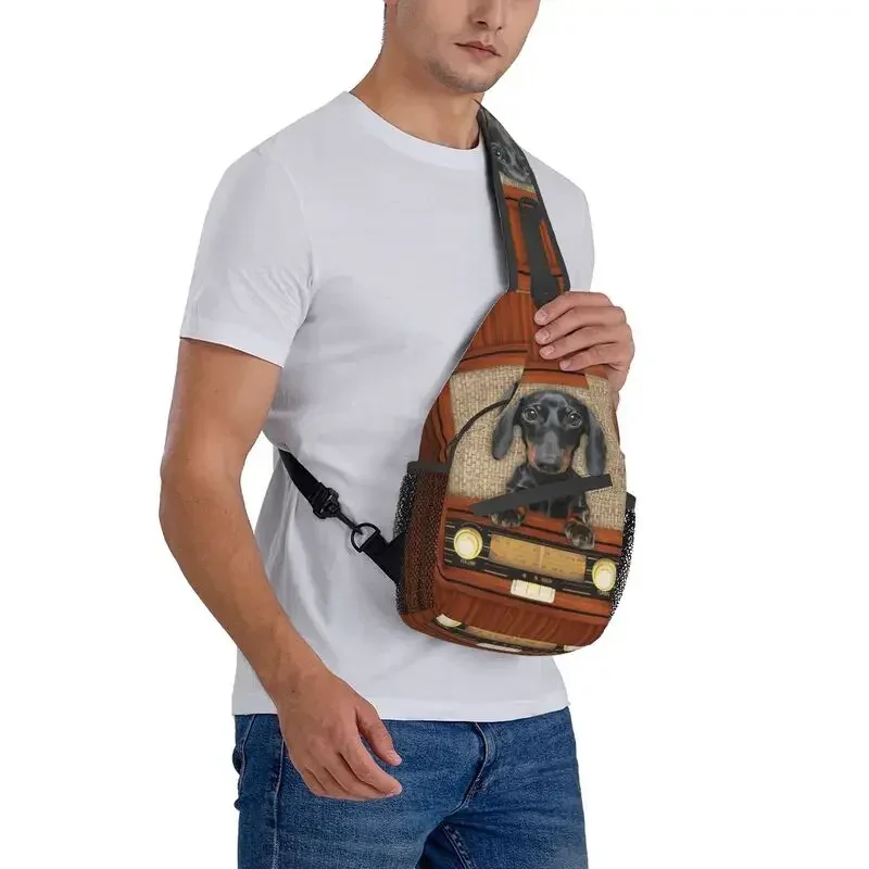 

Dachshund Dog Sling Backpack Men Custom Badger Wiener Sausage Chest Shoulder Bag for Travel Hiking Daypack