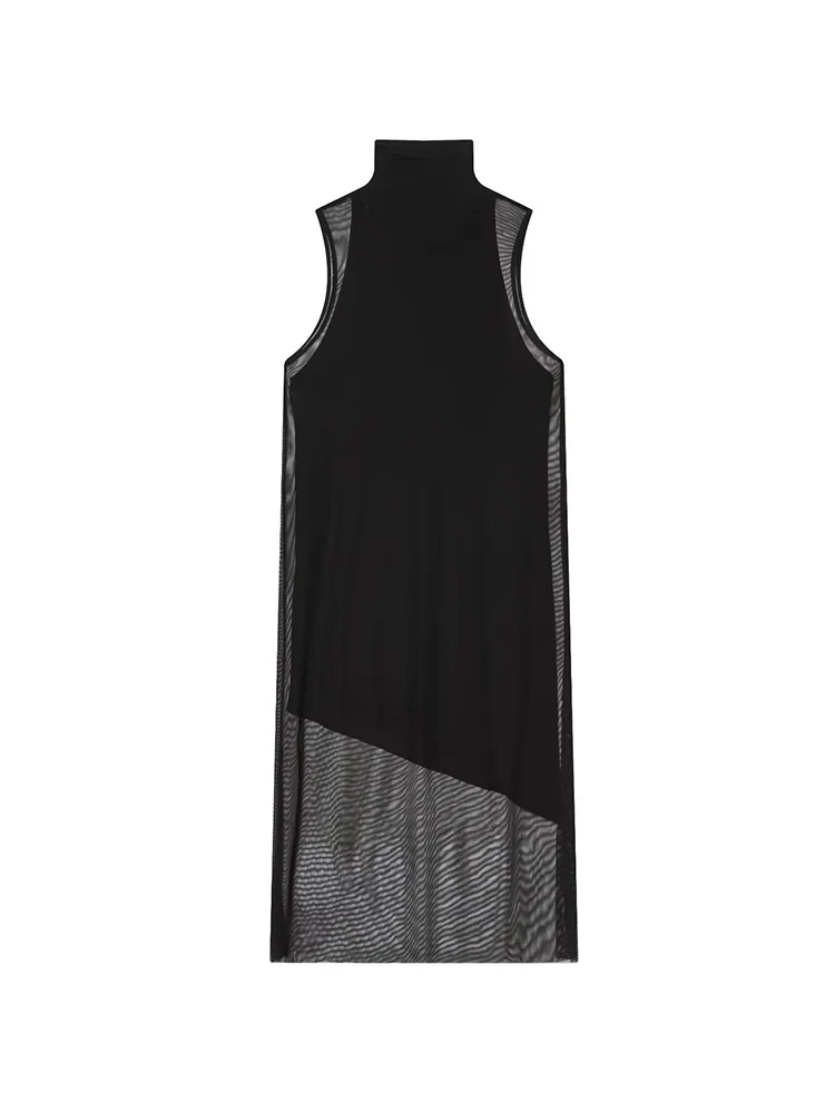 Tfmln novo vestido feminino de duas peças primavera outono gola alta sem mangas na altura do joelho streetwear fashon cor sólida vestido de duas camadas