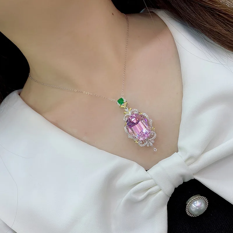 Luxury Silver Color Pink Zircon Stone Pendant Necklaces Ladies Charm Crystal Chokers Chain Vintage Trendy Jewelry