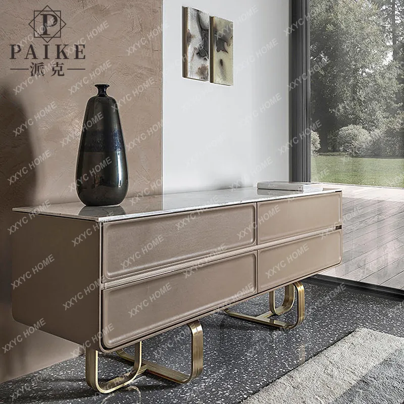 SS  solid wood TV cabinet marble countertop audio-visual cabinet stainless steel floor metal decorative cabinet
