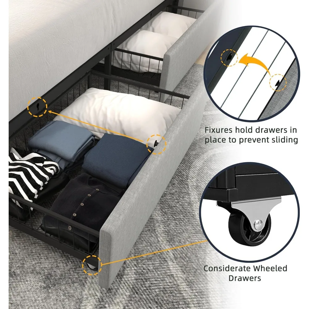 Queen Size Bed Frame Platform with 4 Storage Drawers, Adjustable Tufted Button Linen Headboard, No Need for a Box Spring