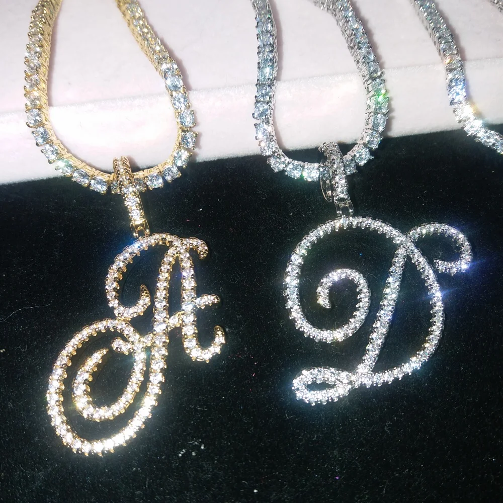 

Personalized New A-Z Cursive Letters Name Pendant Necklace Iced Out Cubic Zircon Charm Hip Hop Jewelry For Her Gifts