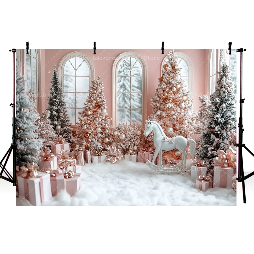 Mehofond rosa natal fotografia fundo retro arco interior janela presente árvore de natal crianças retrato pano de fundo decoração