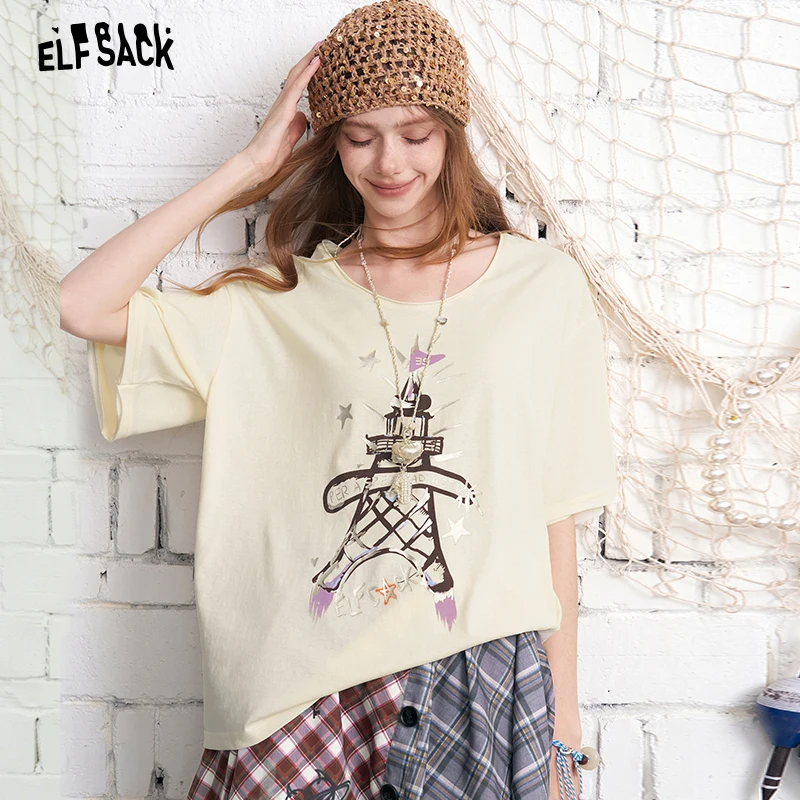

ELFSACK Eiffel Tower Print Oversized T-Shirt, Scoop Neck Casual Tee in 2 Colors